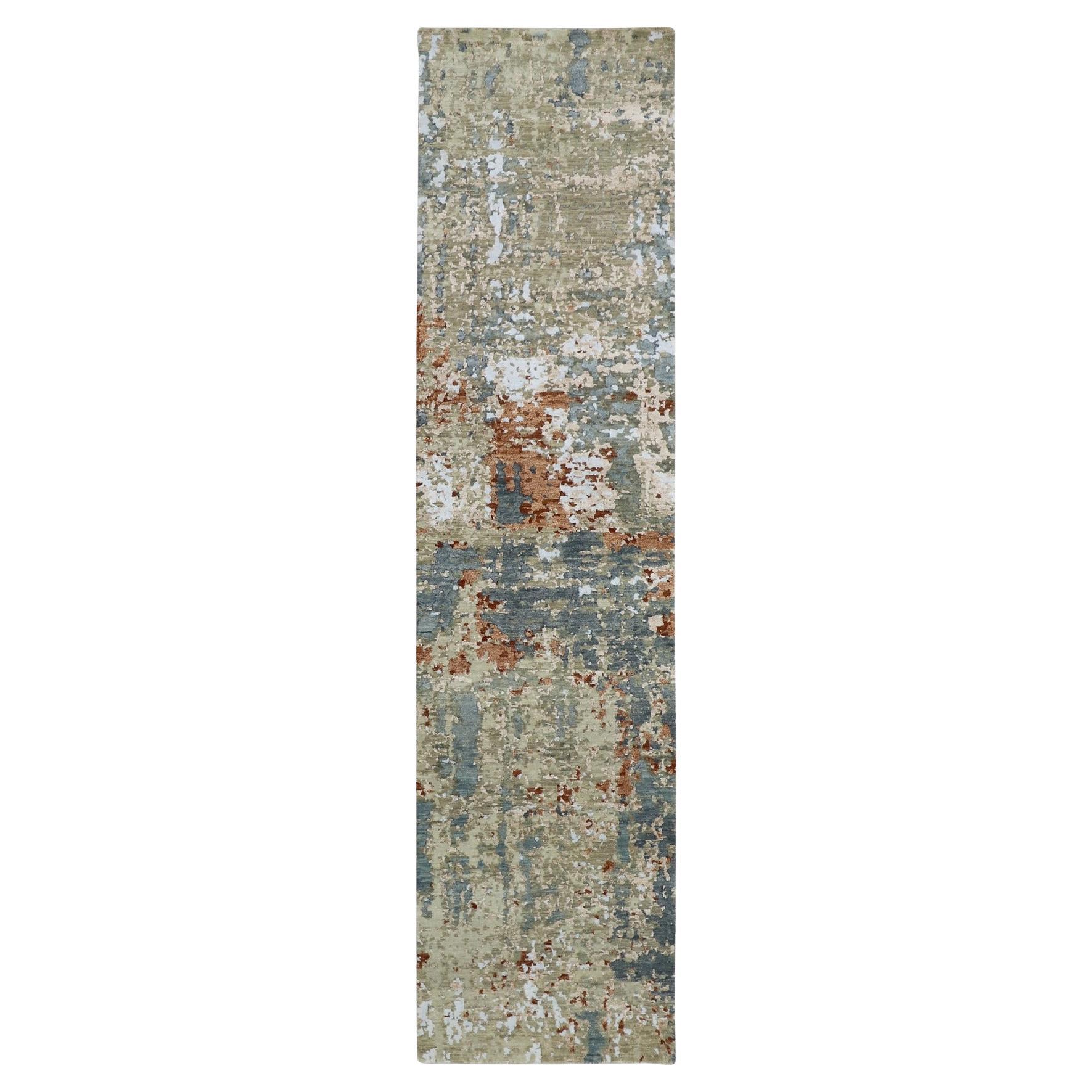 Tapis de course en laine nouée à la main 2'5 "x10' Gris-Beige Densely Woven Abstract Design/One