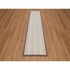 2'5"x10' Ivory Hand Knotted Modern Vertical Stripes Design Pure Wool Runner Rug