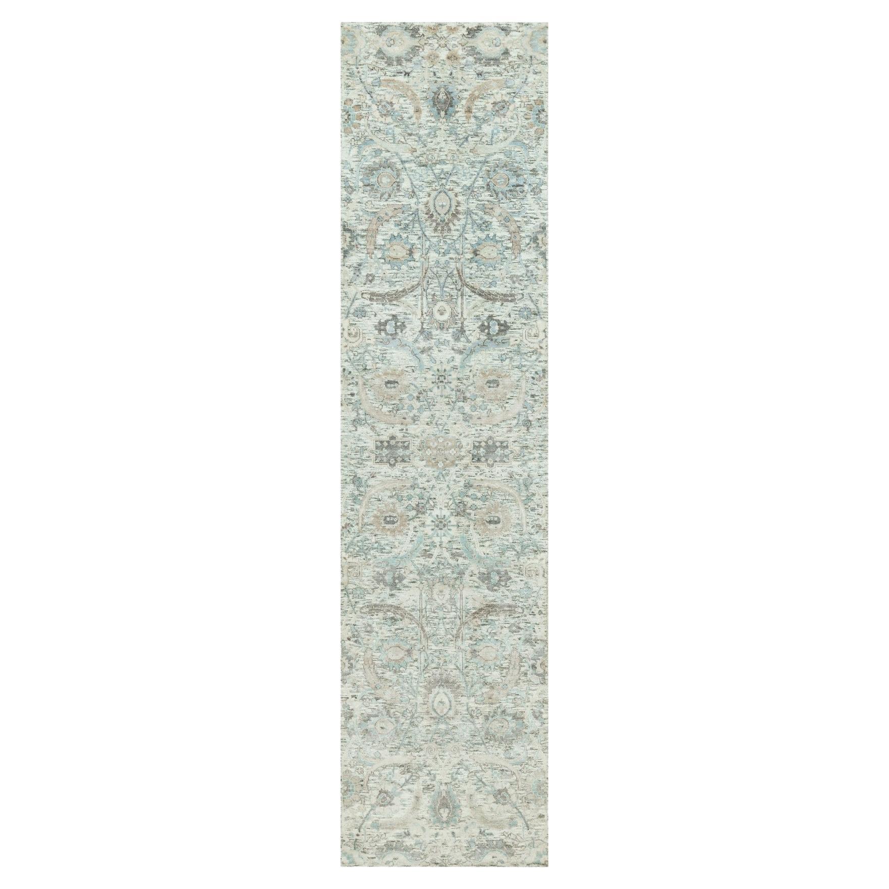 2'5 "x10' Marfil Alfombra de Seda y Lana Anudada a Mano con Diseño de Hojas de Hoz