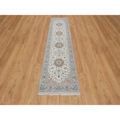 2'5"x10' Ivory Nain Hand Knotted 250 KPSI Wool and Silk Runner Oriental Rug
