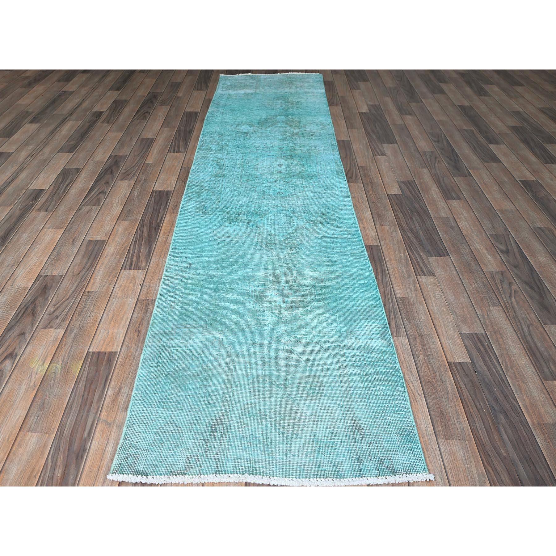 Turquoise Blue, Overdyed Vintage Persian Tabriz, Distressed and Worn, Shaved Down, Sides and Ends Professionally Secured, Hand Knotted, 100% Wool, Fragment, Narrow Runner, Oriental Rug
Primary materials: Wool
Latex: No Pile 
height: 0.25