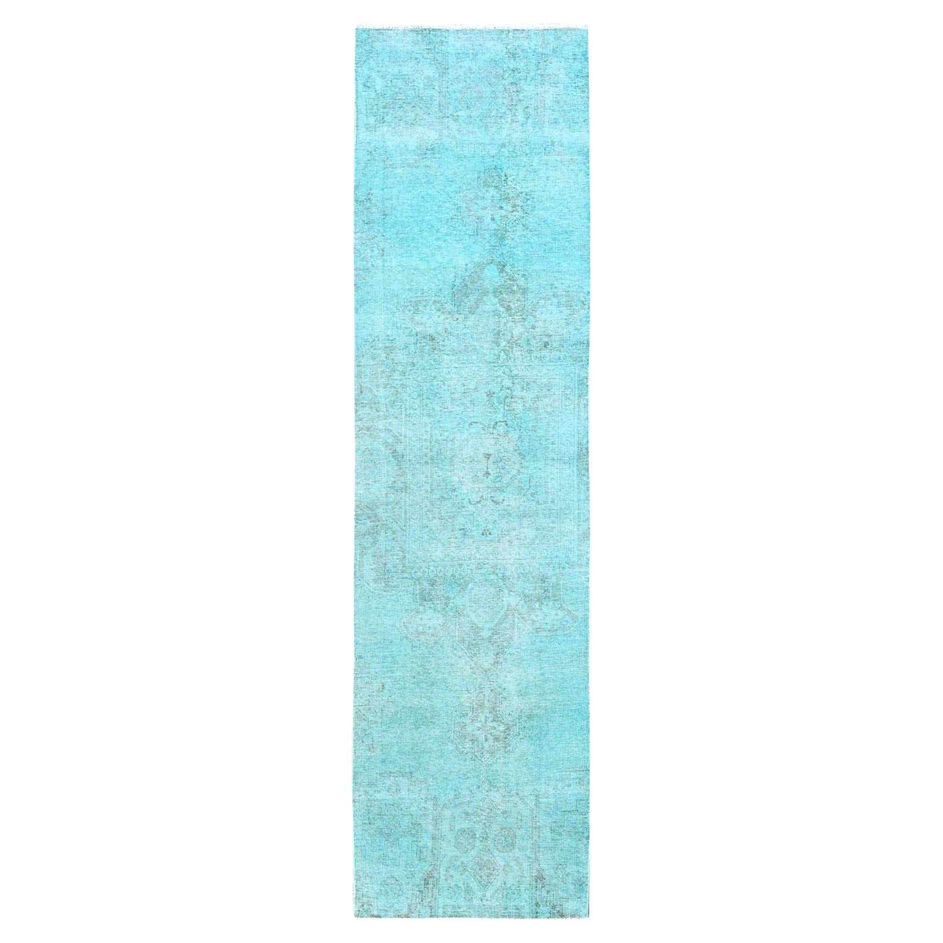 2'5"x10' Turquoise Overdyed Vintage Persian Tabriz Hand Knotted Wool Runner Rug For Sale