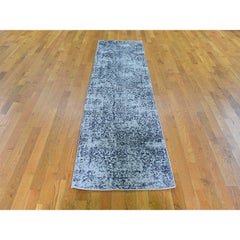 2'5"x10'1" Gray Fine jacquard Hand Loomed Erased Design Wool and Silk Runner Rug