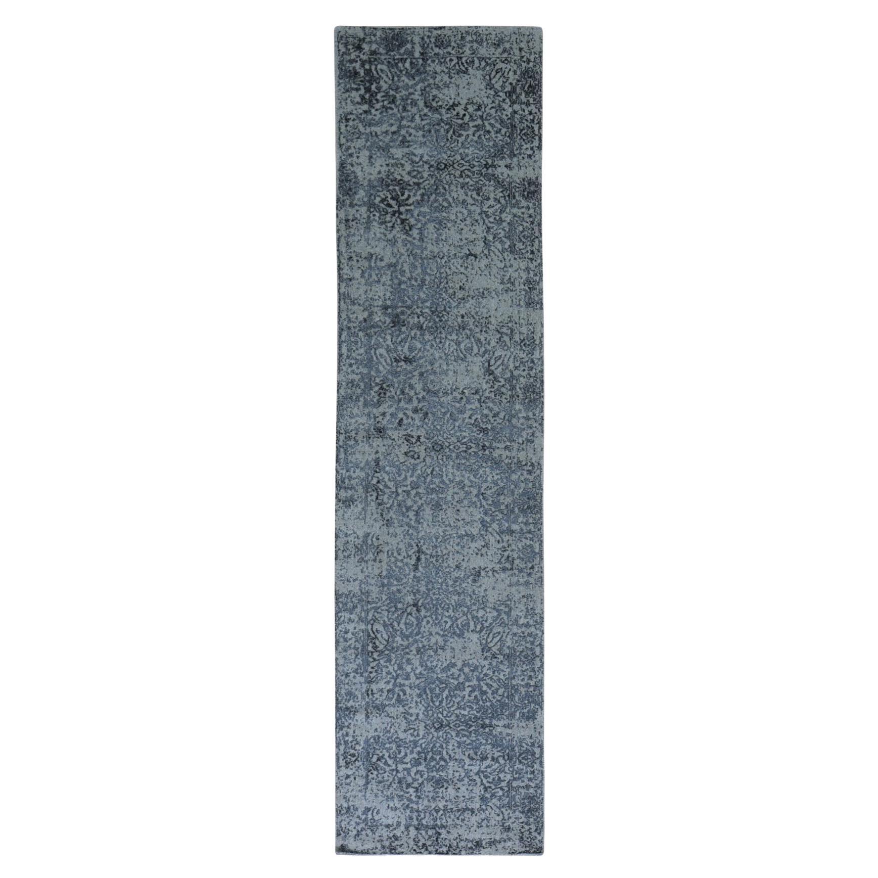 2'5 "x10'1" Grauer feiner Jacquard handgewebter gelöschter Design Wolle und Seide Läufer Teppich