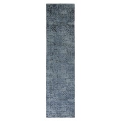 2'5 "x10'1" Grauer feiner Jacquard handgewebter gelöschter Design Wolle und Seide Läufer Teppich