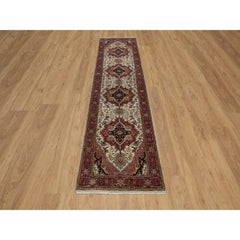 2'5"x10'1" Ivory Antiqued Fine Heriz Re-Creation Hand Knotted Wool Runner Rug
