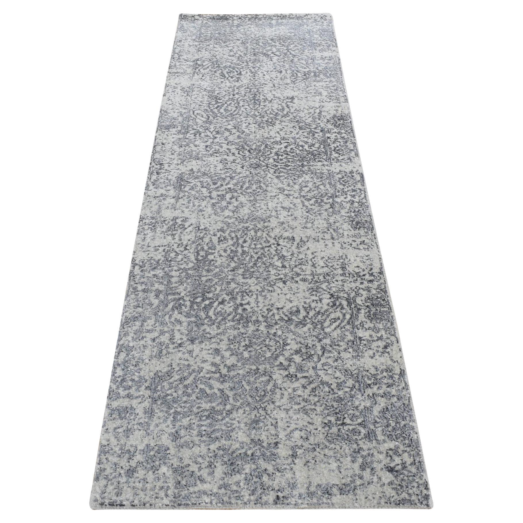 2'5"x10'1" Nickel Gray Fine Jacquard Hand Loomed Wool and Silk Runner Rug