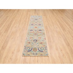 2'5"x10'1" Tan, Silk With Textured Wool, Hand Knotted, Oriental, Runner Rug