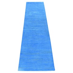 2'5"x10'2" Blue Overdyed Textured Wool Hand Knotted Modern Design Runner Rug