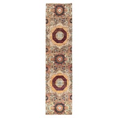 2'5"x10'3" White, Mamluk Design, Soft Wool, Hand Knotted, Runner Oriental Rug