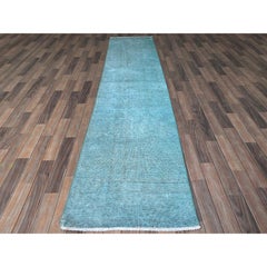 2'5"x11'1" Blue Overdyed Vintage Persian Tabriz Hand Knotted Wool Runner Rug