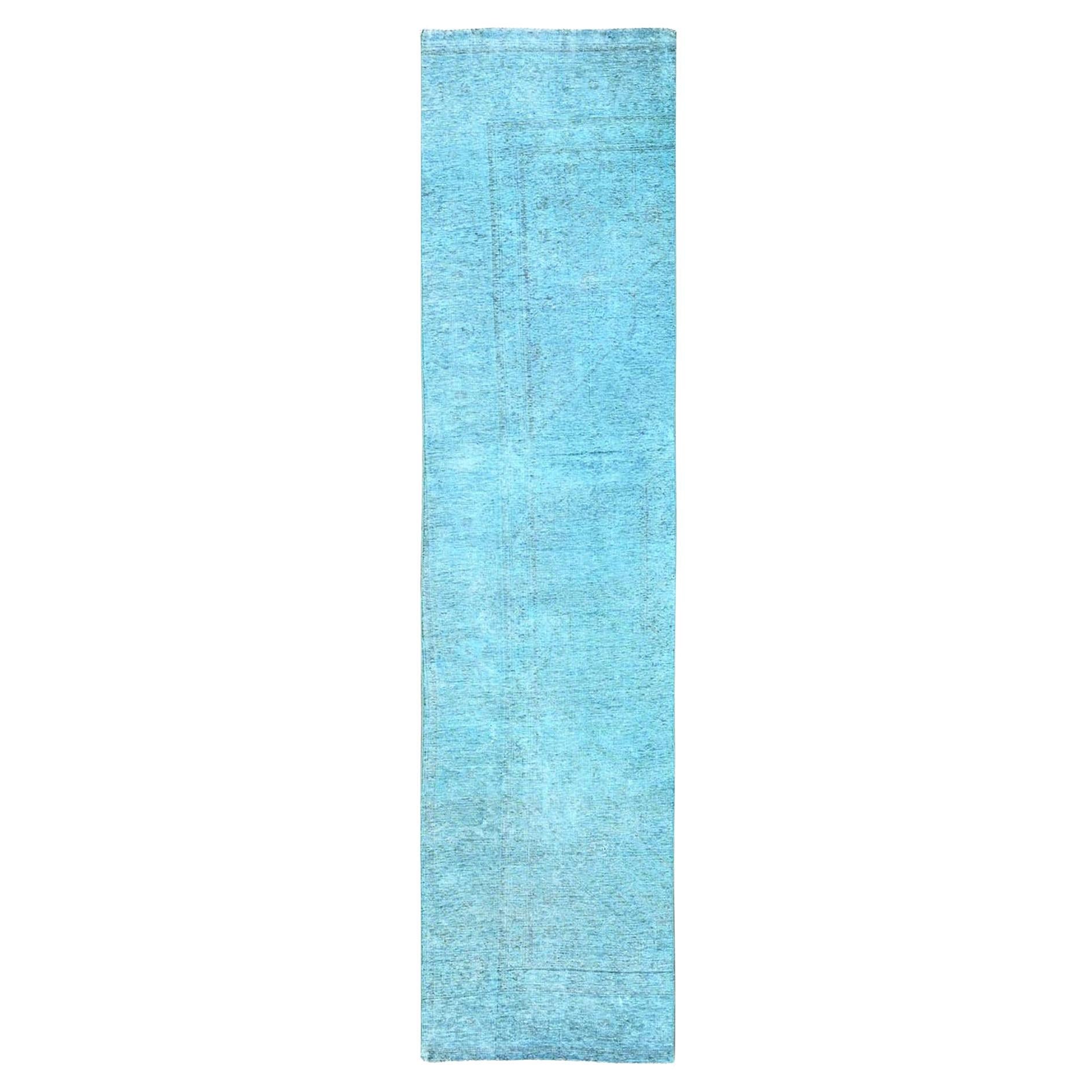 Tappeto Runner in lana persiana vintage Tabriz annodato a mano con sovratintura blu 2'5 "x11'1"