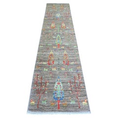 2'5"x11'2"  Echo Gray Wool Hand Knotted Folk Art Willow Cypress Tree Design Rug