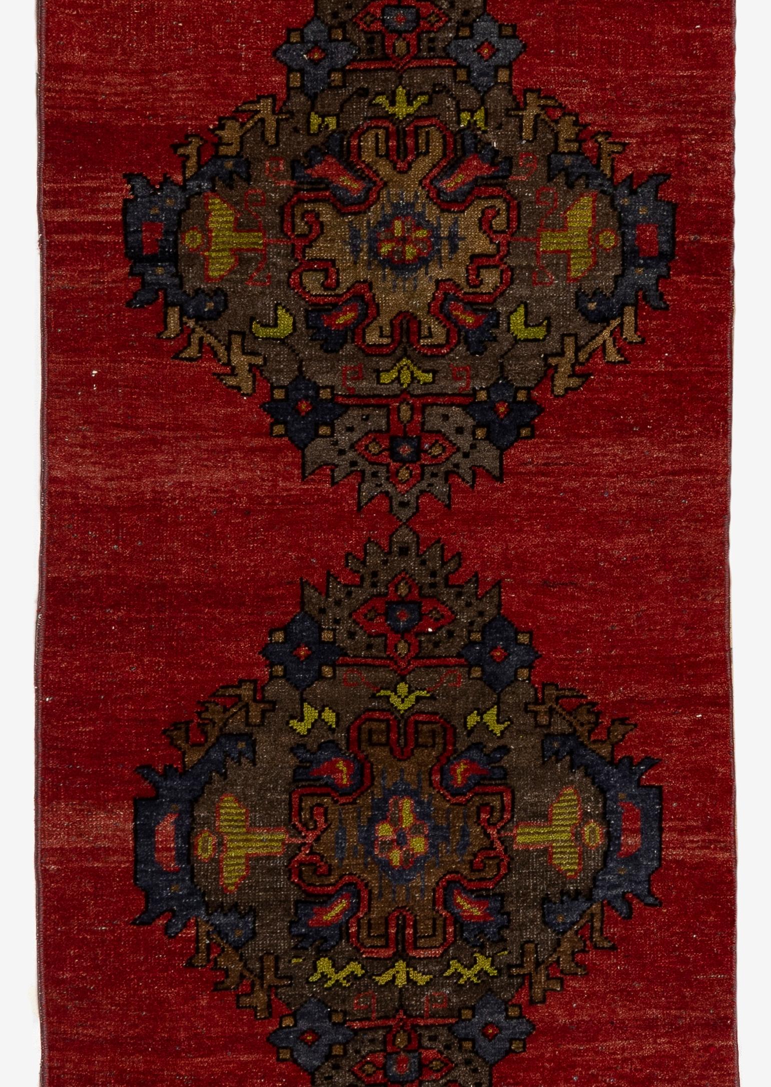 Turkish 2.5x11.3 ft Hand Knotted Vintage Anatolian Tribal Wool Runner Rug for Hallway For Sale