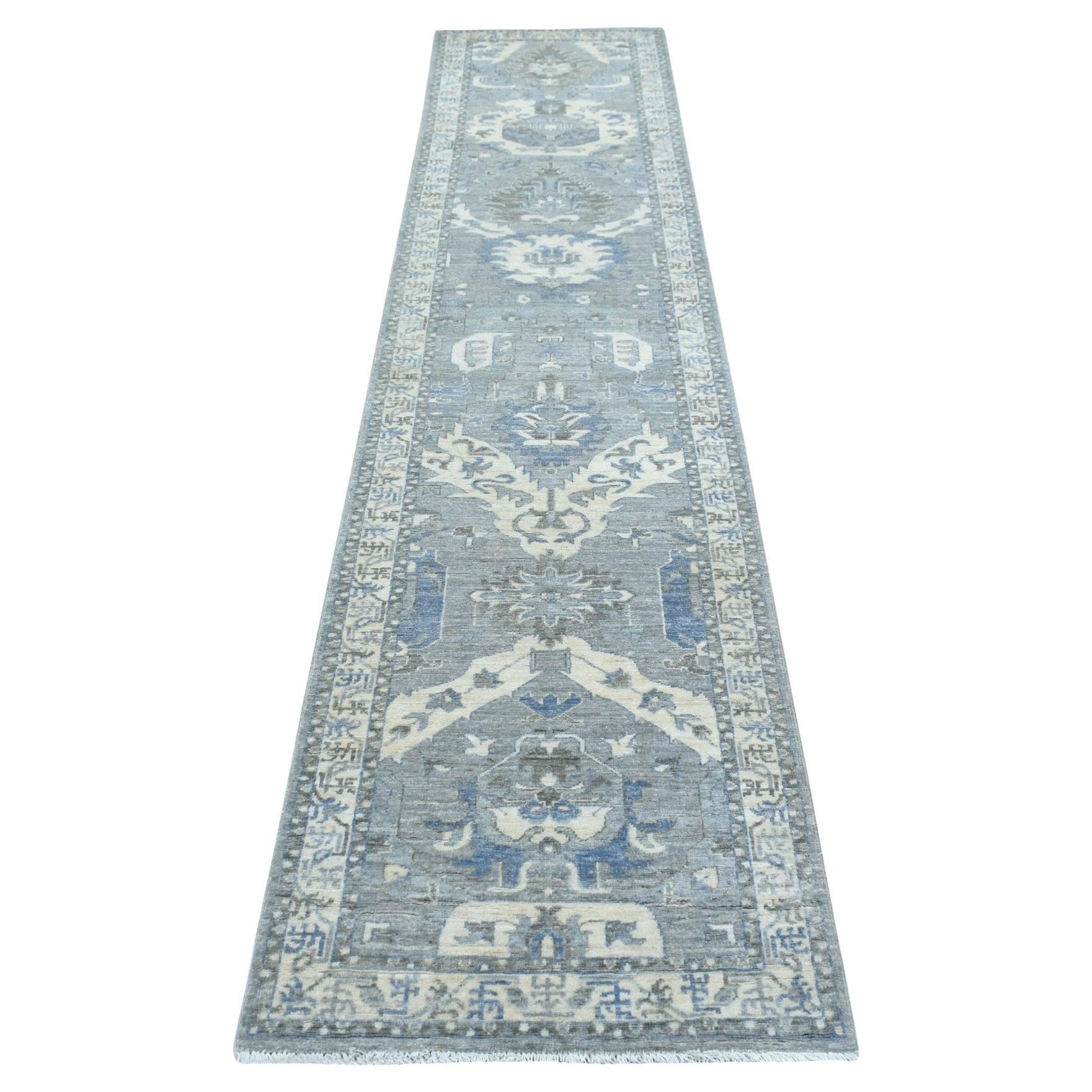 Tappeto Runner Afghano Peshawar grigio annodato a mano con lana del nord-ovest 2'5 "x11'7"