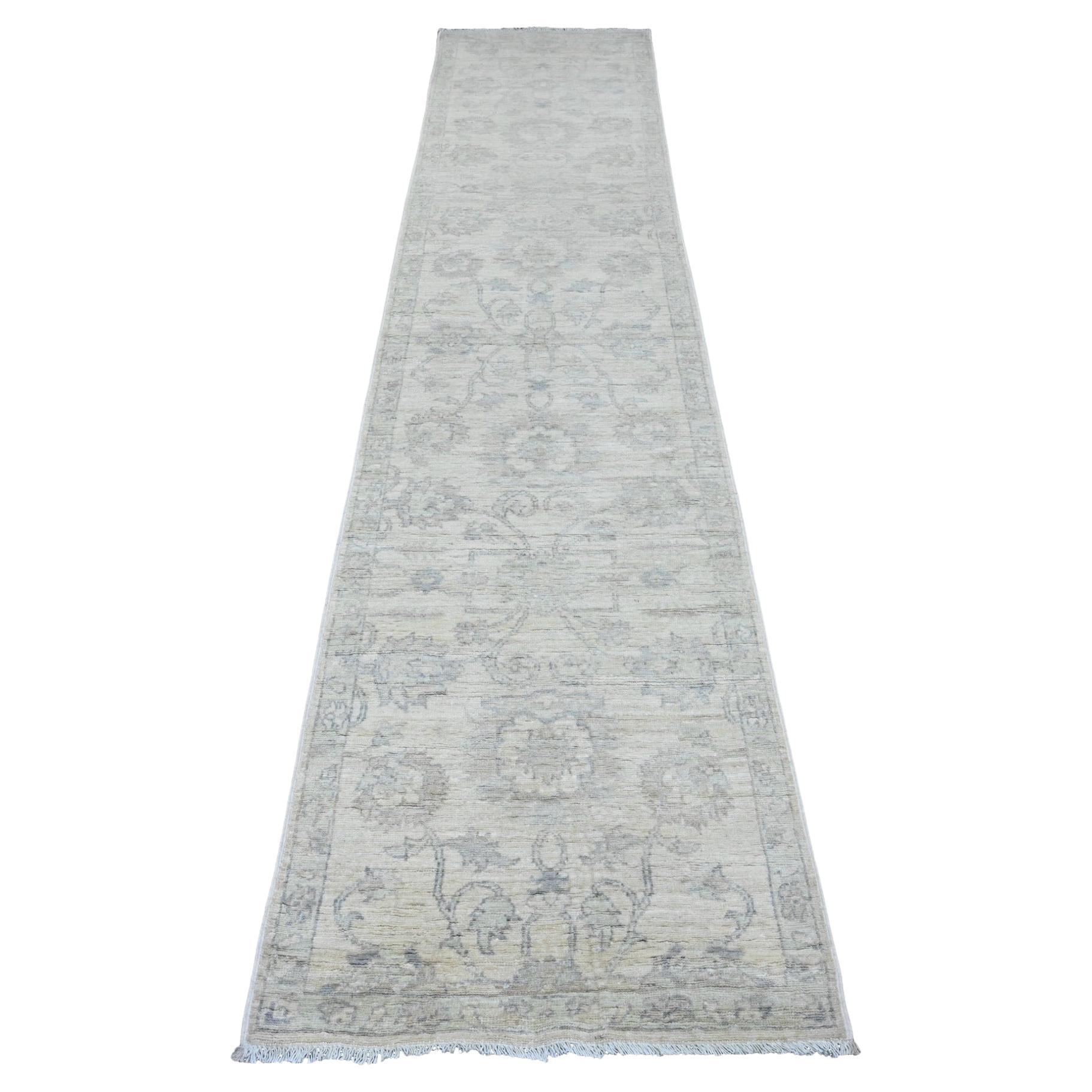 2'5"x11'7" White Washed Out Peshawar Leaf Design Hand Knotted Wool Runner Rug