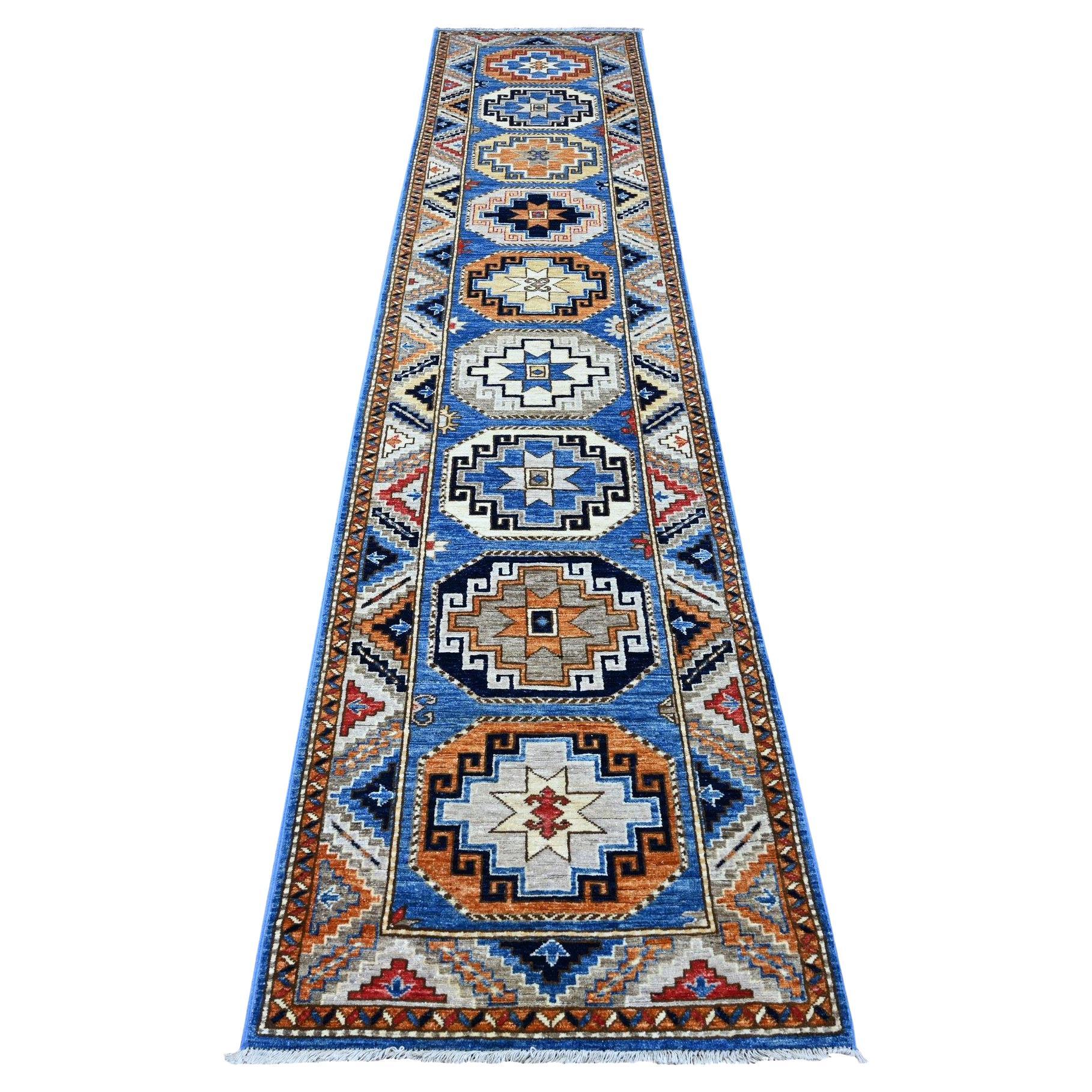 2
5 "x11
8" Blu annodato a mano Afghan Ersari Elephant Feet Pure Wool Runner Rugs