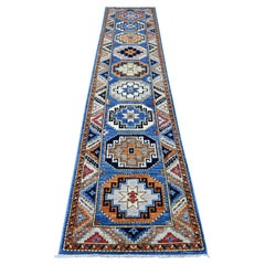 2'5"x11'8" Blue Hand Knotted Afghan Ersari Elephant Feet Pure Wool Runner Rug