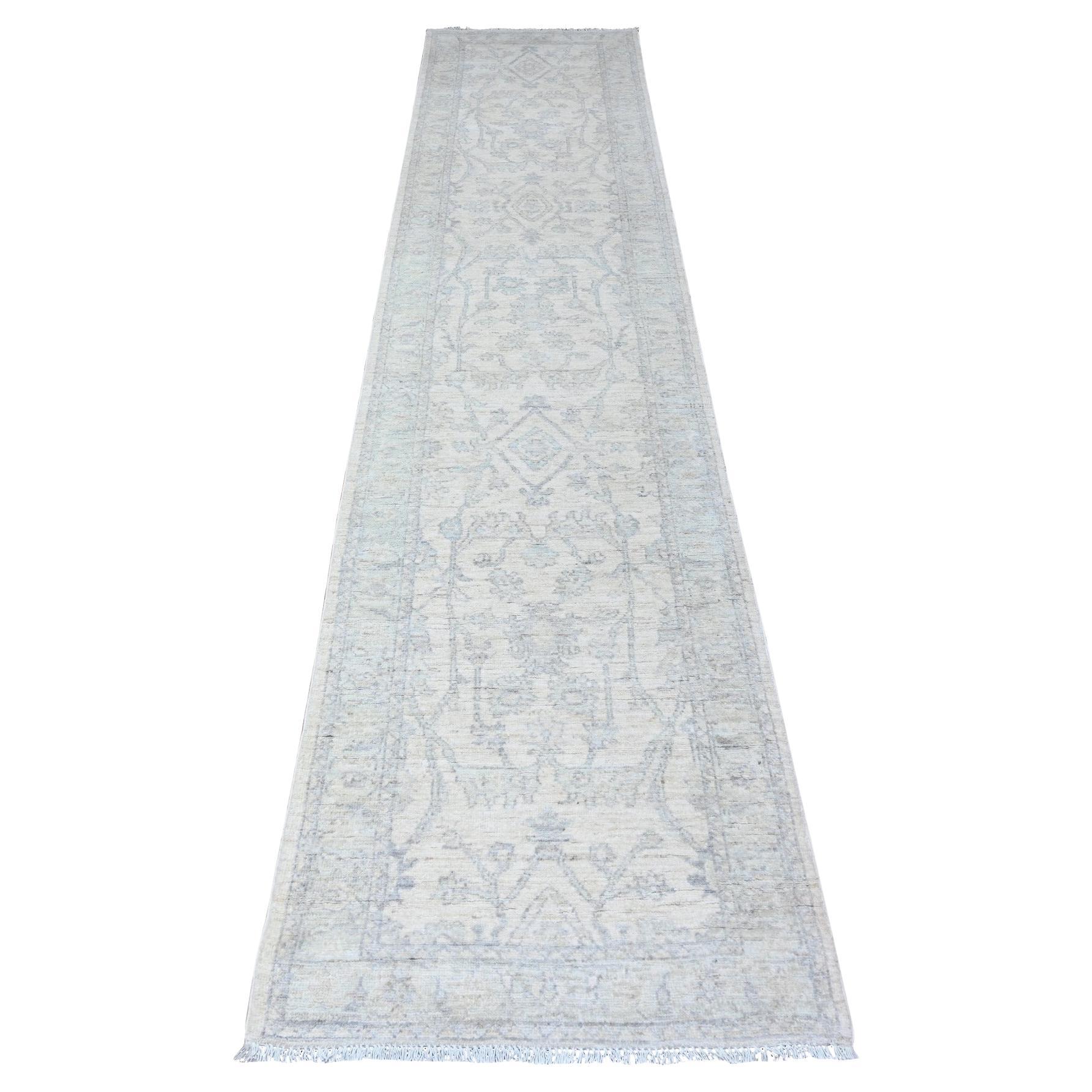 2
5 "x11
8" Weiß Luxuriöse Wolle White Wash Peshawar Hand Knotted Läufer Teppich