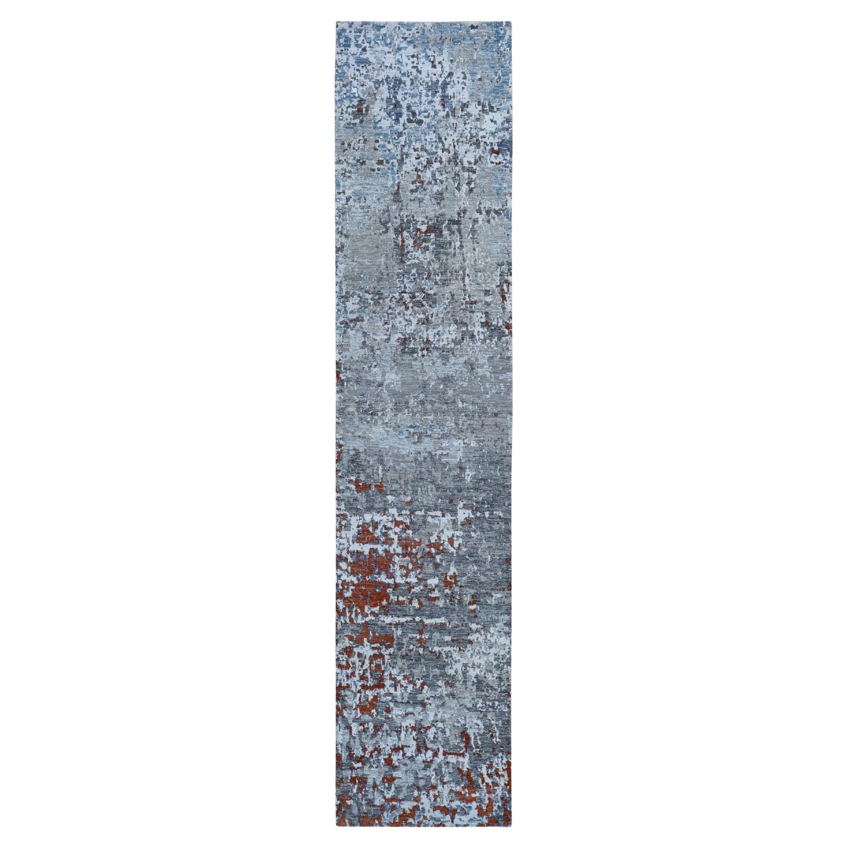 2'5 "x12' Tapis de course à motifs abstraits en laine et soie à poils ras et à tissage plus dense