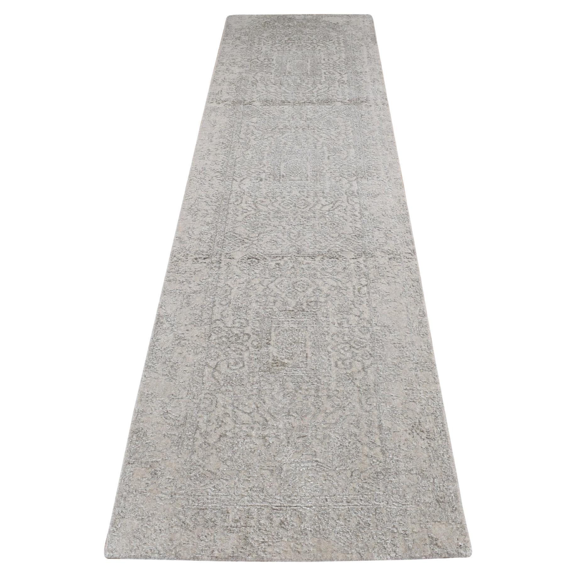 2'5"x12' Gray Fine Jacquard Erased Design Hand Loomed Wool and Silk Runner Rug