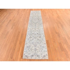 2'5"x12' Ivory Silk with Textured Wool Tabriz Design Hand Knotted Runner Rug