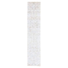 2'5"x12' Ivory Silk with Textured Wool Tabriz Design Hand Knotted Runner Rug