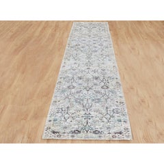 2'5"x12' Ivory Silk With Textured Wool Tabriz Design Runner Hand Knotted Rug