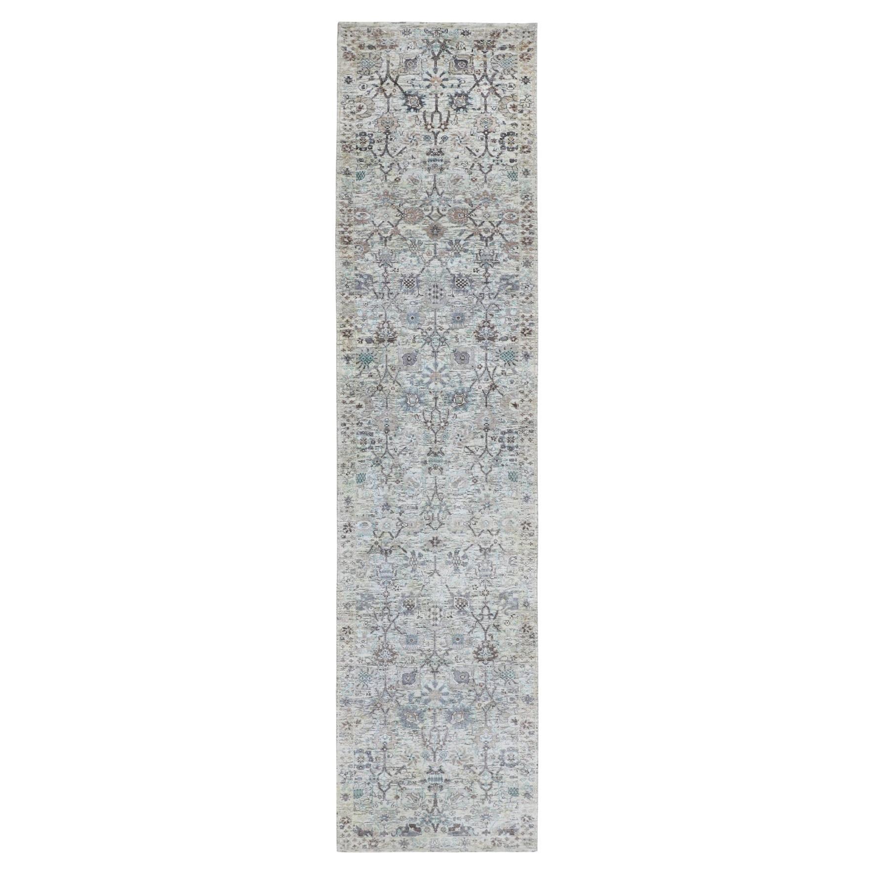 2'5"x12' Ivory Silk With Textured Wool Tabriz Design Runner Hand Knotted Rug
