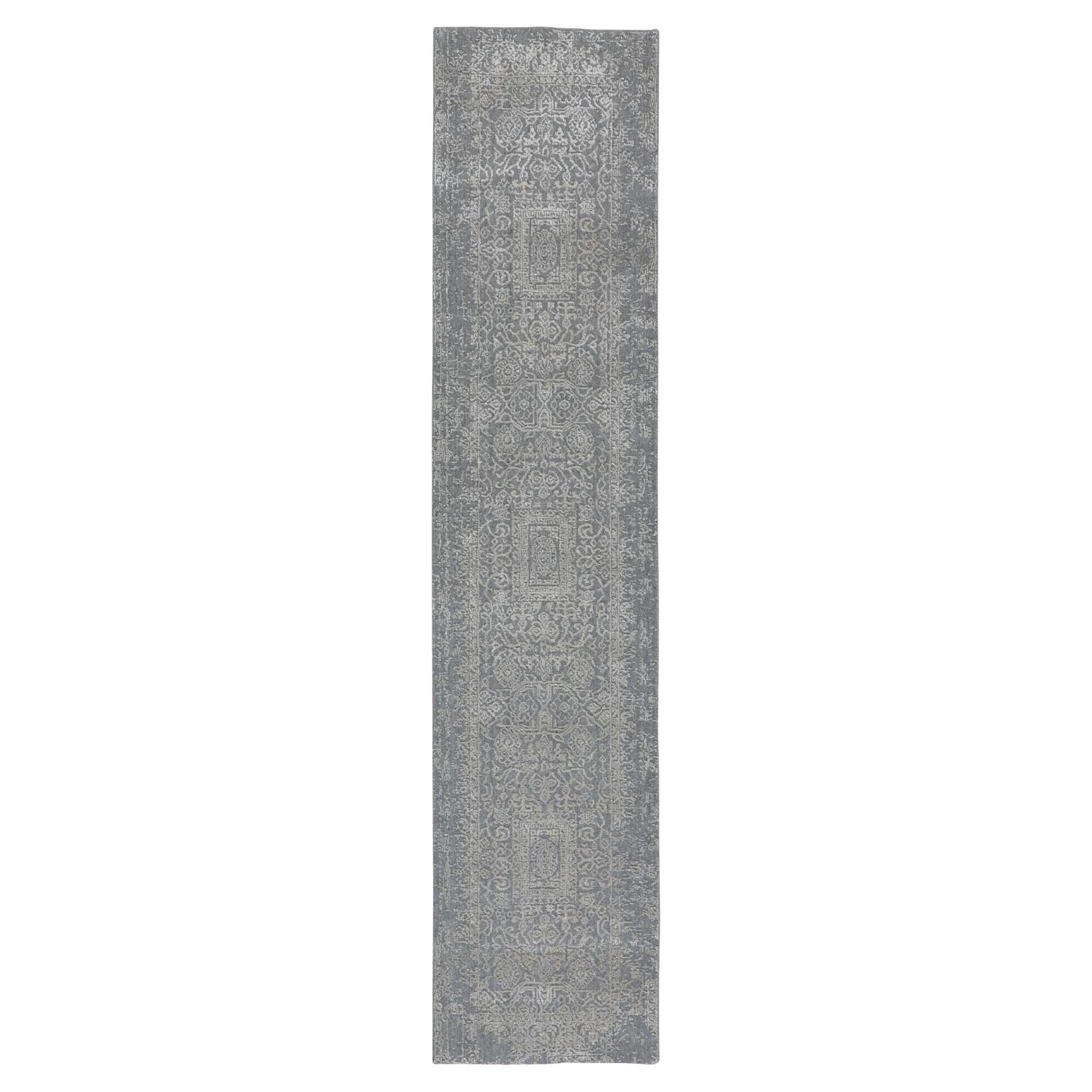 2'5 "X12'1" Alfombra Moderna de Lana y Seda Artística Tejida a Mano en Jacquard Fino Gris