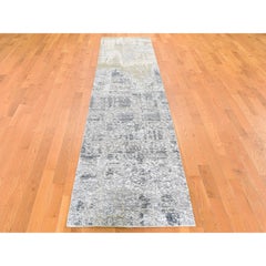 2'5"x12'1" Ivory Dense Weave Abstract Design Wool and Silk Hand Made Runner Rug