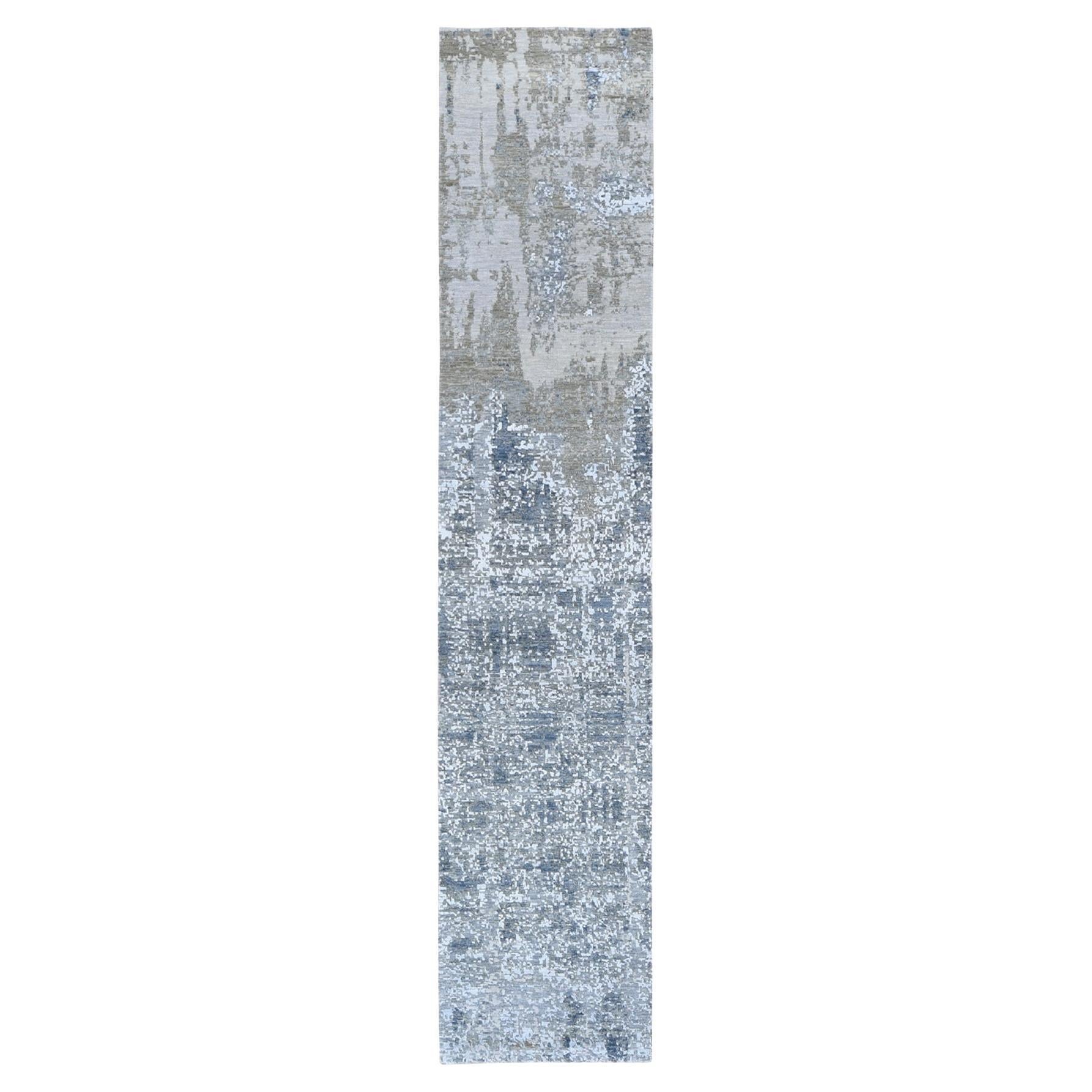 2'5"x12'1" Ivory Dense Weave Abstract Design Wool and Silk Hand Made Runner Rug