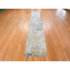 2'5"x12'1" Stone Gray Modern Abstract Design Hand Knotted Wool & Silk Runner Rug