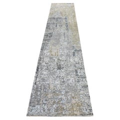 2'5"x12'1" Stone Gray Modern Abstract Design Hand Knotted Wool & Silk Runner Rug