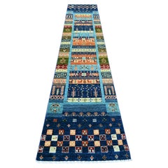 2'5" x 12'10" marineblauer, fein gewebter Kashkuli-Gabbeh-Läufer aus reiner Wolle, handgeknüpft