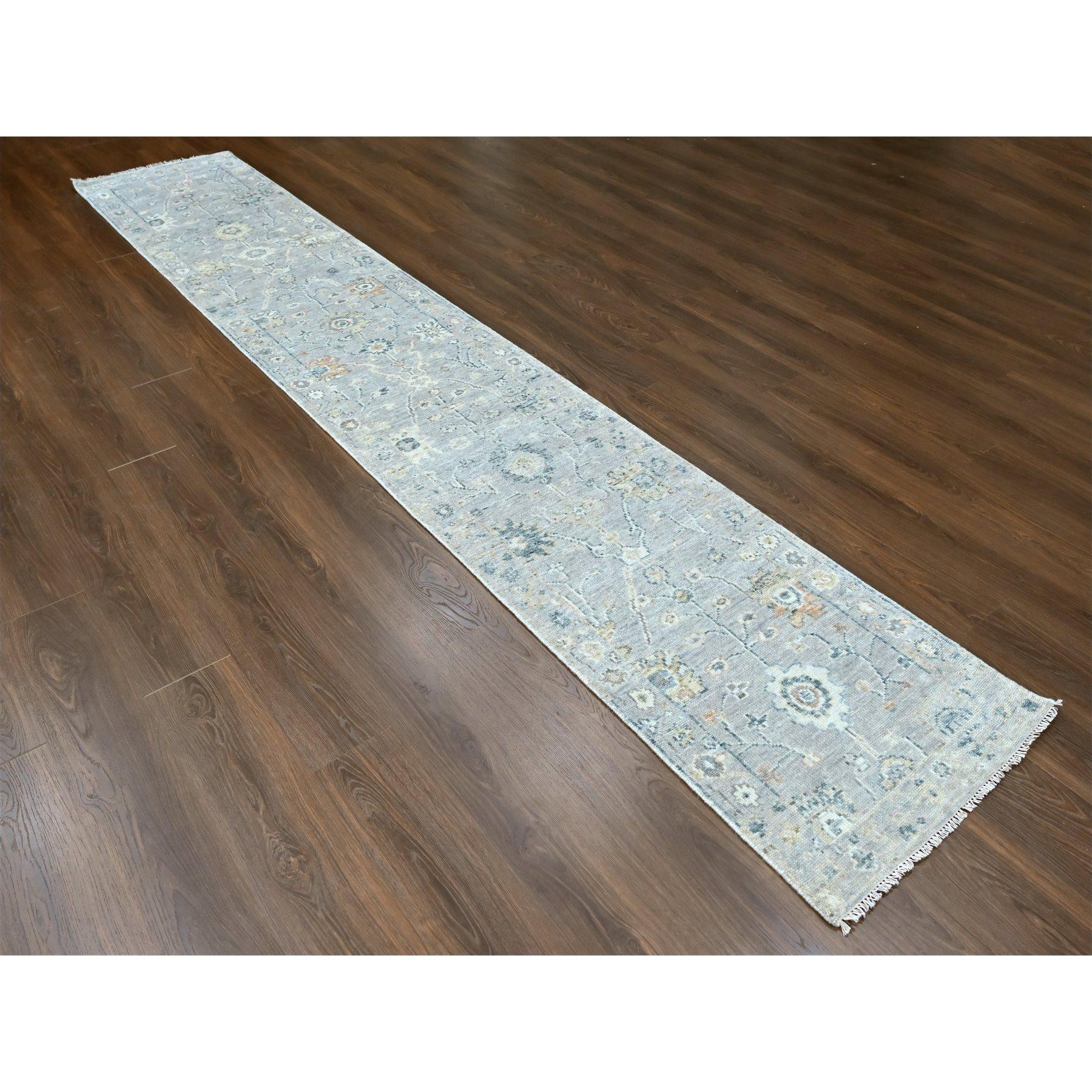 Pastel Gray, Supple Collection, Oushak Design, Hand Knotted, Lush and Plush, Pure Wool, Soft Pile, Tone On Tone, Natural Dyes, Runner, Oriental Rug
Primary materials: Wool
Latex: No Pile 
height: 0.25 Inches
Style: Transitional
Primary color: