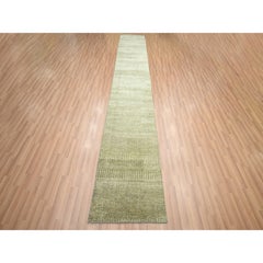 2'5"x13'6" Olive Gray, Modern Grass Design Hand Knotted Wool and Silk Runner Rug