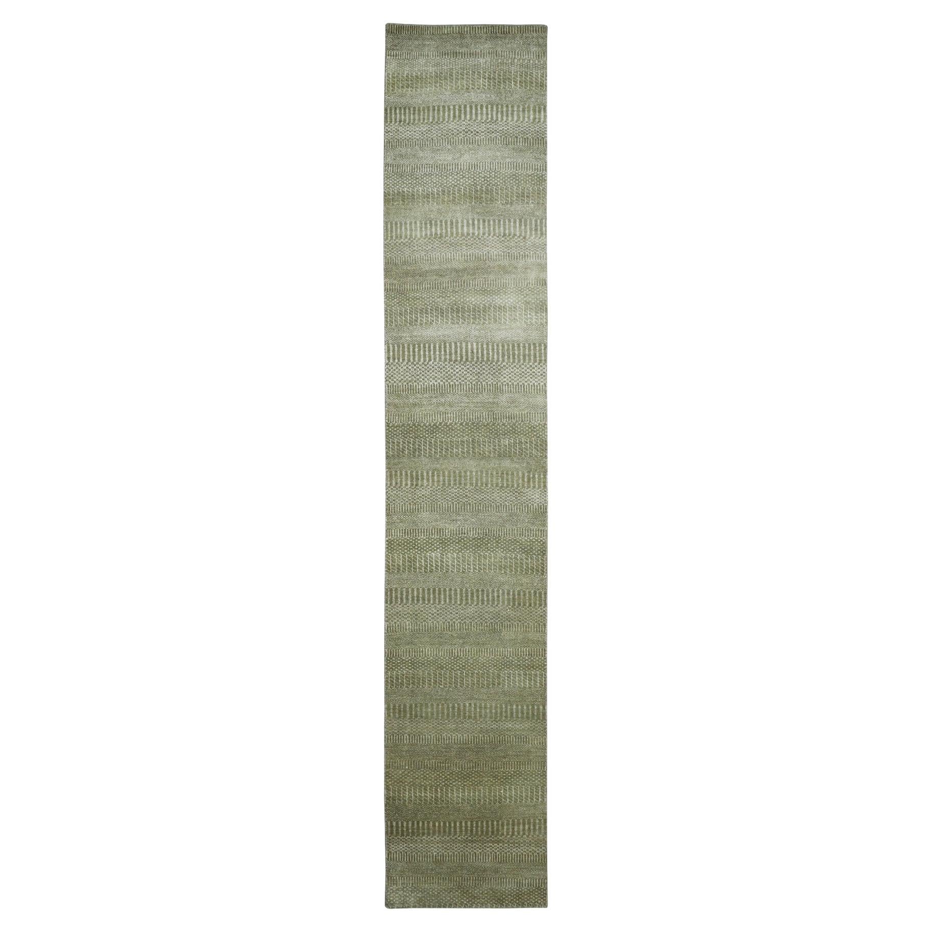 2
5"x13
6" Olive Gray, Modern Grass Design Hand Knotted Wool and Silk Runner Rug For Sale