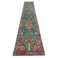 2'5"x13'9" Green Tabriz with Peacock Persian Design Hand Knotted Wool Runner Rug