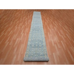 2'5 "x14' Steel Blue 100% Wool Hand Knotted Sickle Leaf Design Rugs Runner Ruggerino blu acciaio 100% lana annodato a mano con foglie di falce