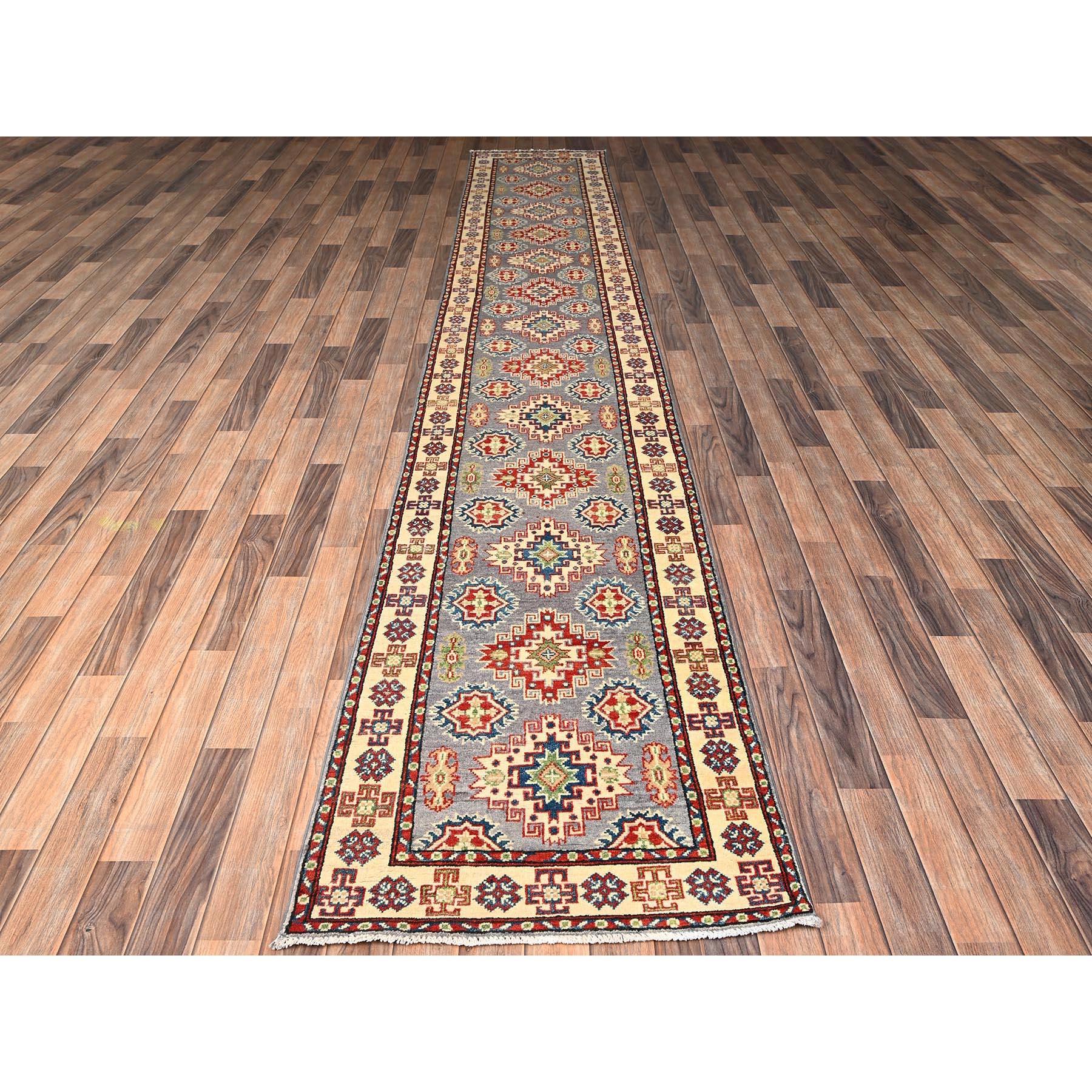 Misty Gray, Kazak with Geometric Medallions Design, Hand Knotted, Pure Wool, Vegetable Dyes, Denser Weave, Long & Narrow Runner, Oriental Rug
Primary materials: Wool
Latex: No Pile 
height: 0.25 Inches
Style: Traditional
Primary color: