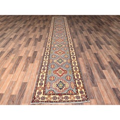 2'5"x15'3" Gray Kazak Geometric Medallions Design Hand Knotted Wool Runner Rug