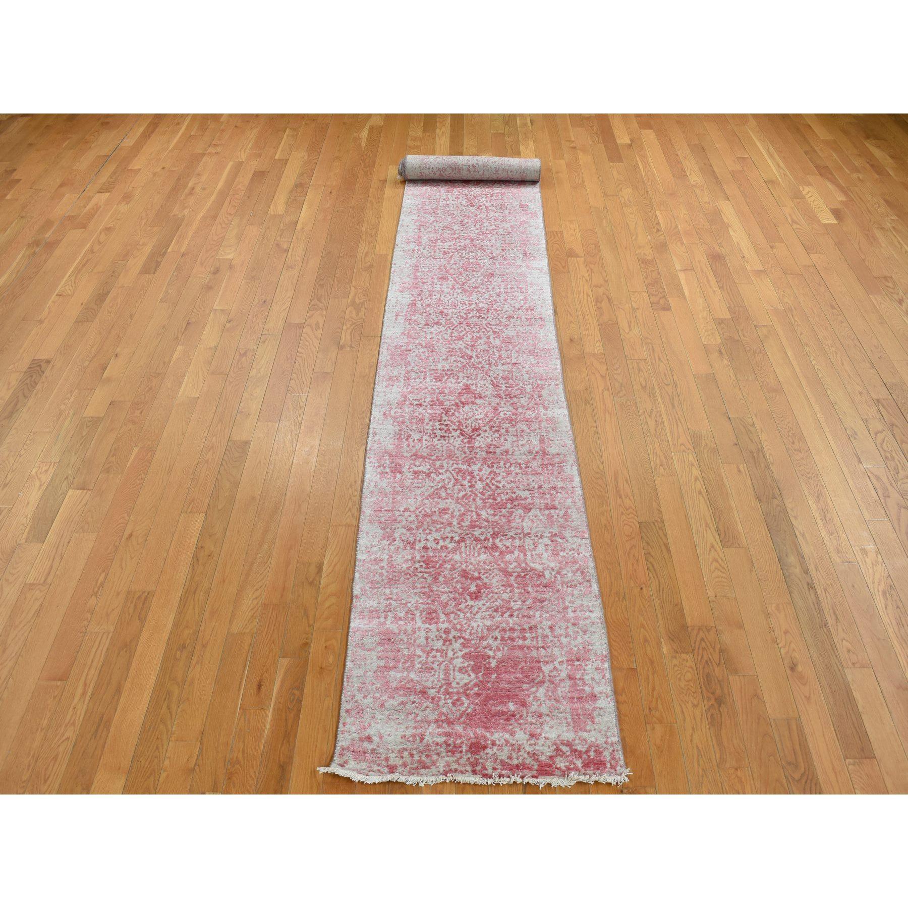 Rouge Pink, Broken and Erased Persian Design, Wool and Pure Silk, Hand Knotted, XL Runner, Oriental Rug
Primary materials: Wool & Pure Silk
Latex: No Pile 
height: 0.25 Inches
Style: Transitional
Primary color: Pink
Secondary colors: Ivory
Pattern: