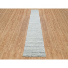 2'5"x15'9" Ivory Plain Modern Striae Pure Wool Hand Loomed Runner Oriental Rug