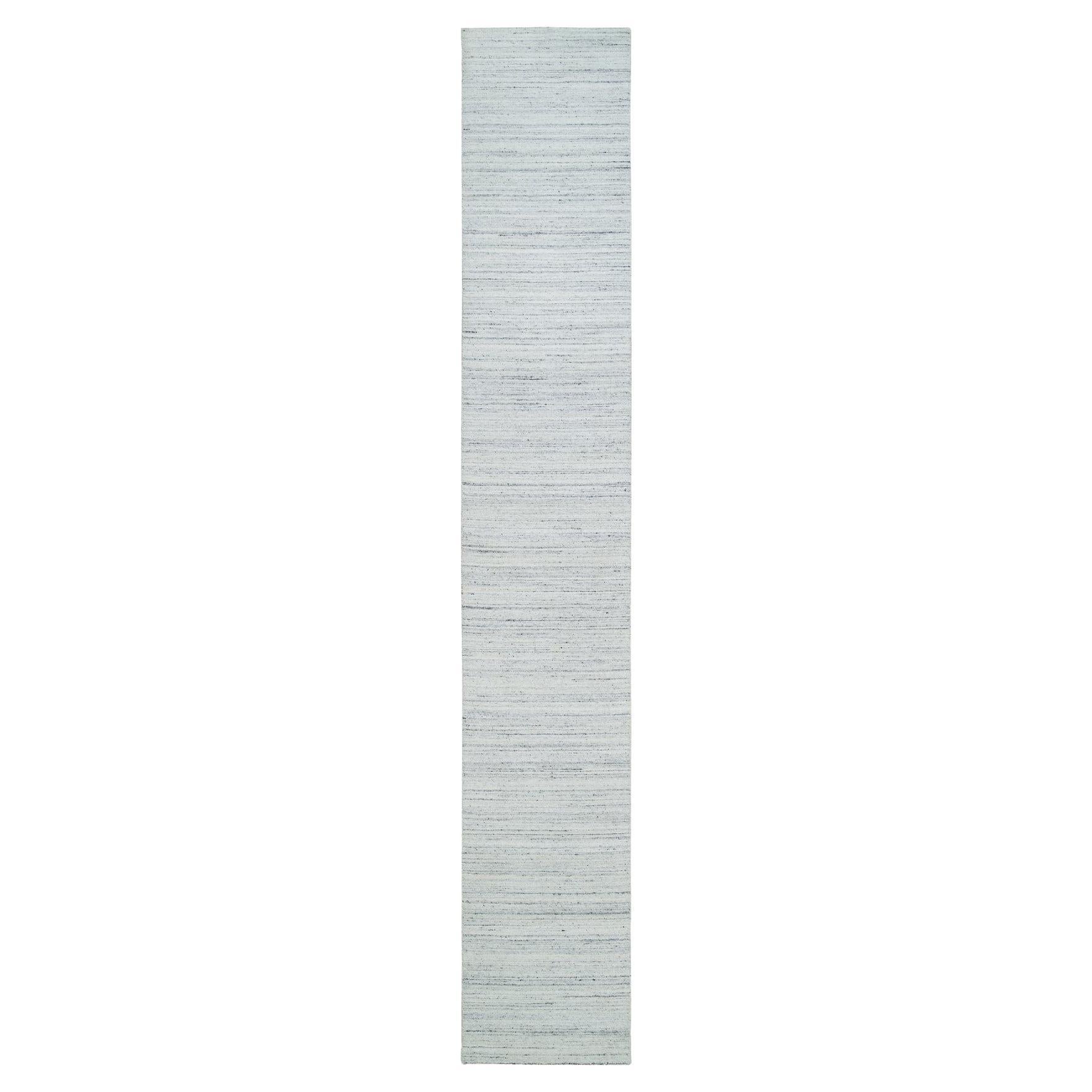 Tappeto orientale 2'5 "x15'9" Ivory Plain Modern Striae Pure Wool Hand Loomed Runner in vendita