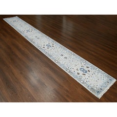 2'5"x18' Pearl Gray Hand Knotted Oushak Floral Motifs 100% Wool XL Runner Rug