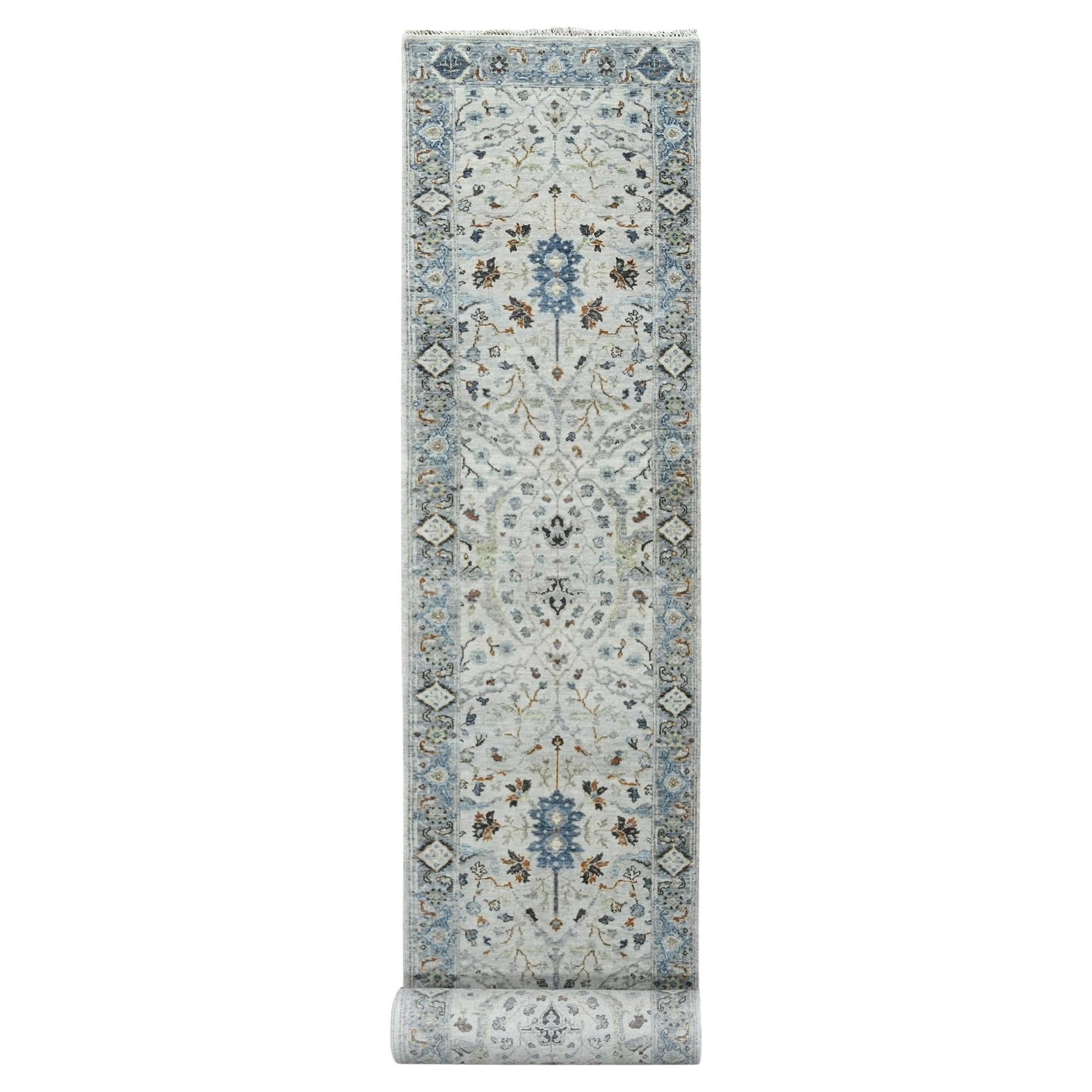 2'5"x18' Pearl Gray Hand Knotted Oushak Floral Motifs 100% Wool XL Runner Rug For Sale