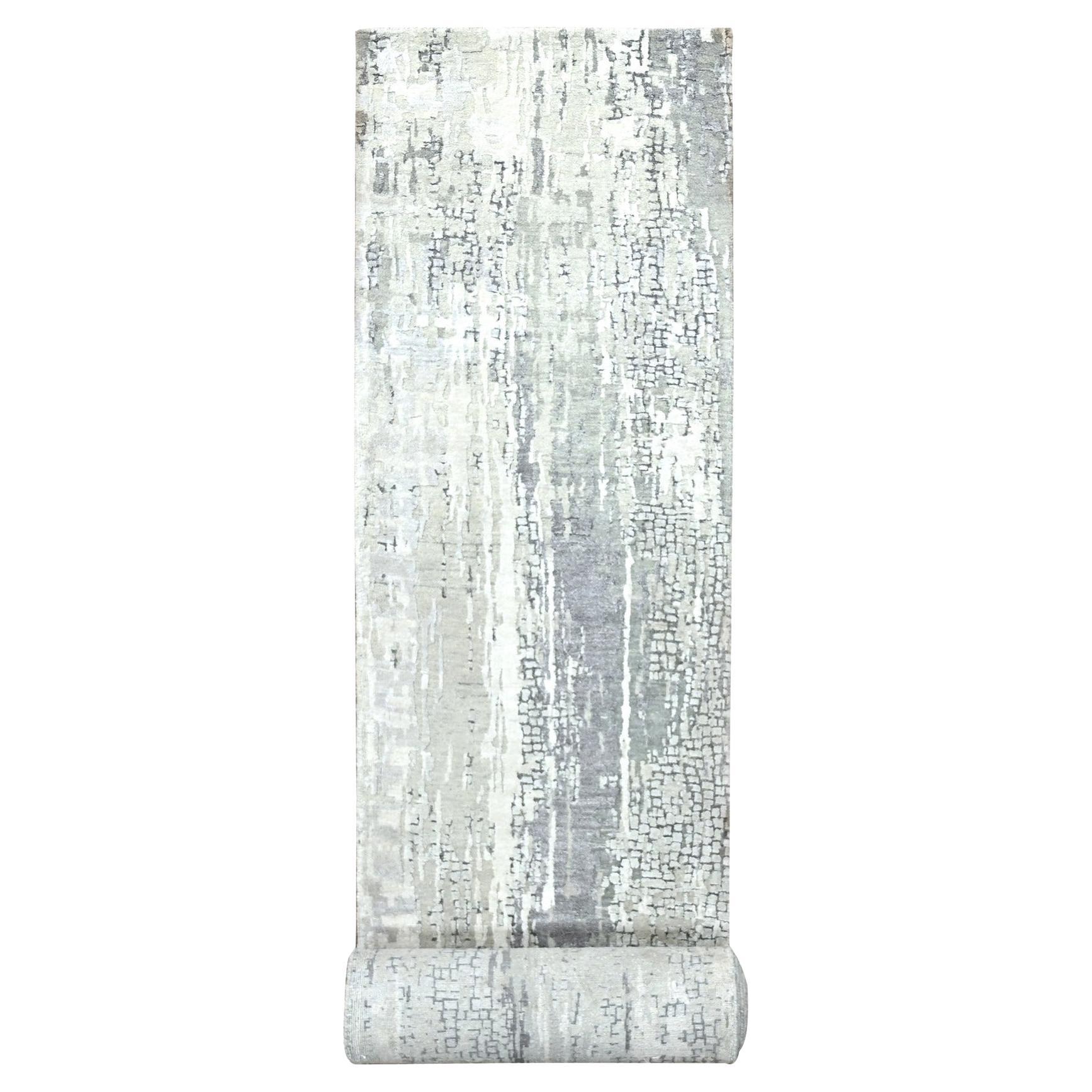 2
5 "x18
Rustikaler Grauer Wolle und Seide Handgeknüpft Abstrakt XL Läufer Teppich