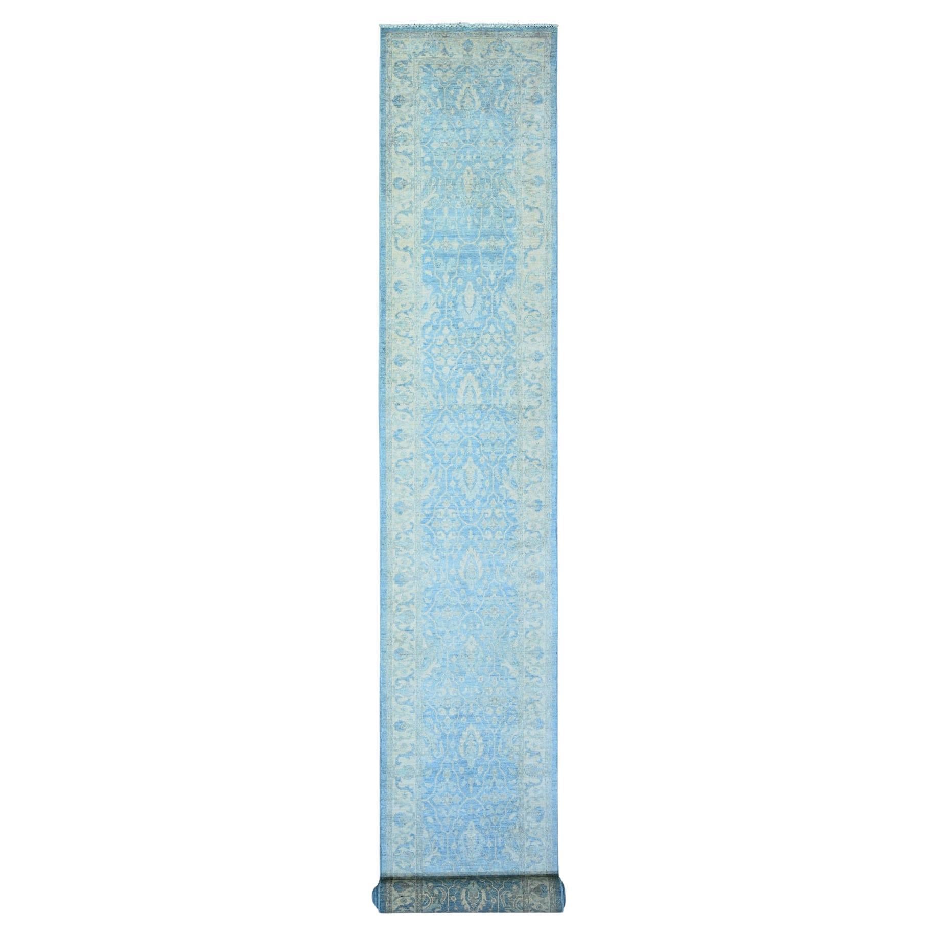 2'5"x18'10" Columbia Blue Wool Hand Knotted Finer Peshawar Oriental Rug