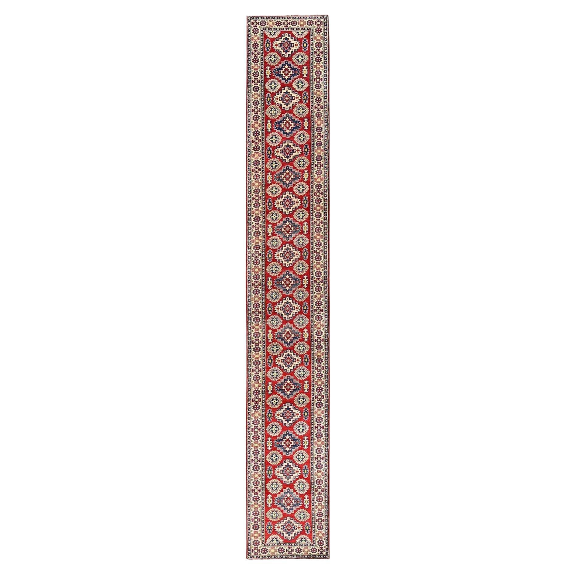 2
5"x18
9" Red Kazak Geometric Medallions Design Hand Knotted Wool Runner Rug